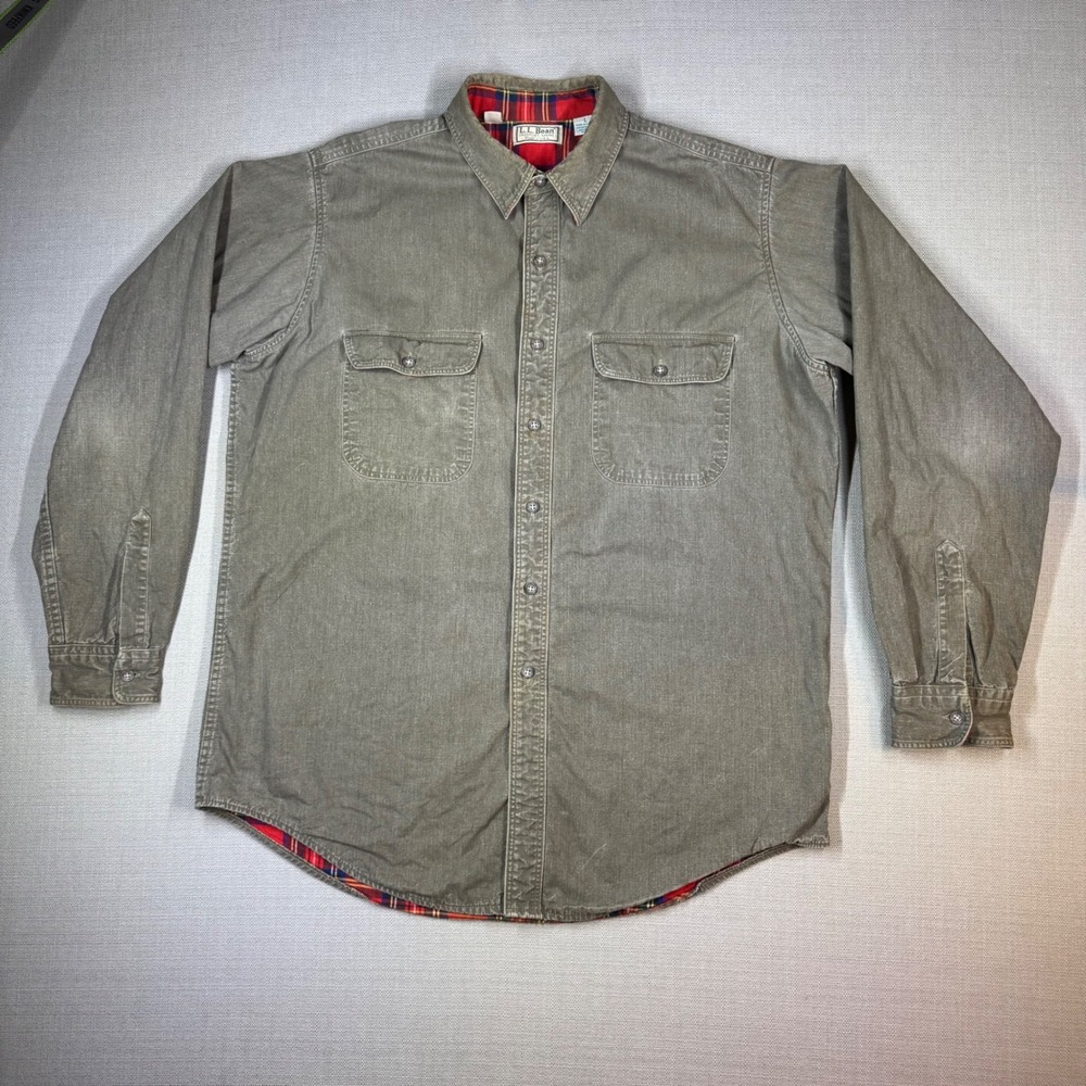 L.L. Bean Vintage Mens Flannel-lined Canvas Field Shirt Olive Green Large Tall